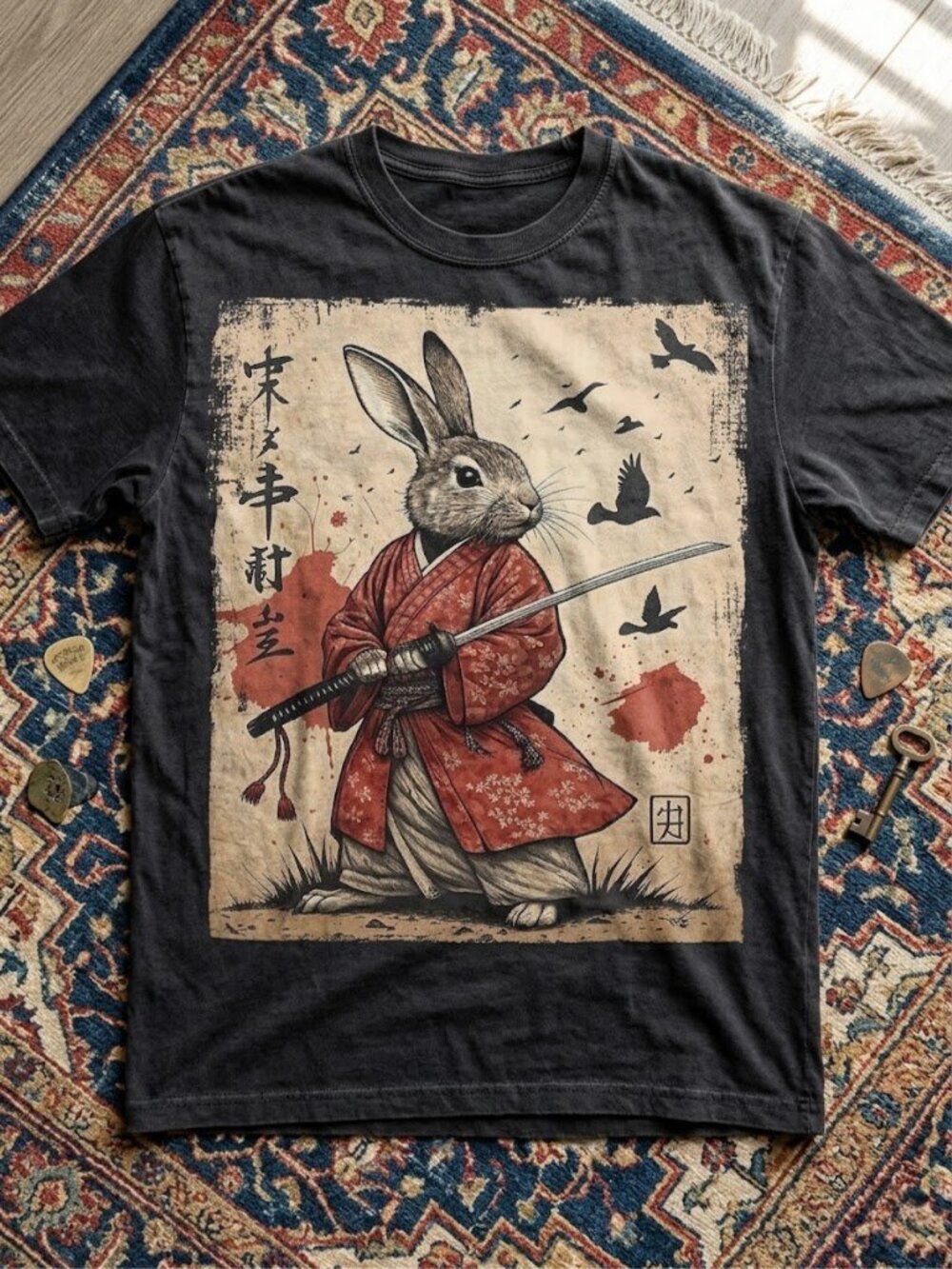 Samurai Rabbit Anime Graphic T-Shirt Japanese Retro Manga Streetwear Unisex